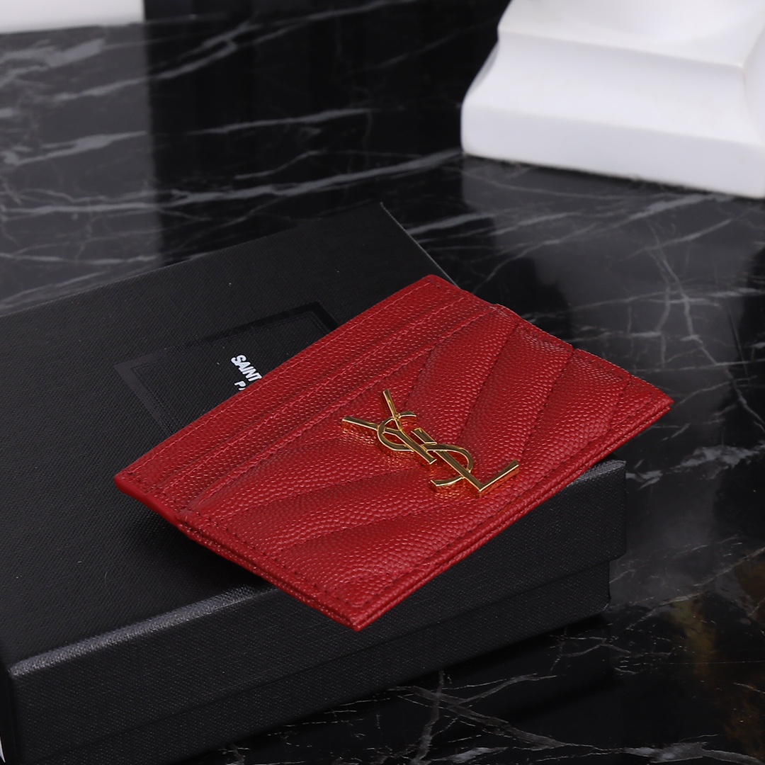 Saint Laurent YSL SLP Card Holder in Red with Gold Hardware 