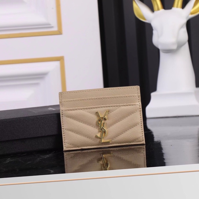 Saint Laurent YSL SLP Card Holder in Beige with Gold Hardware