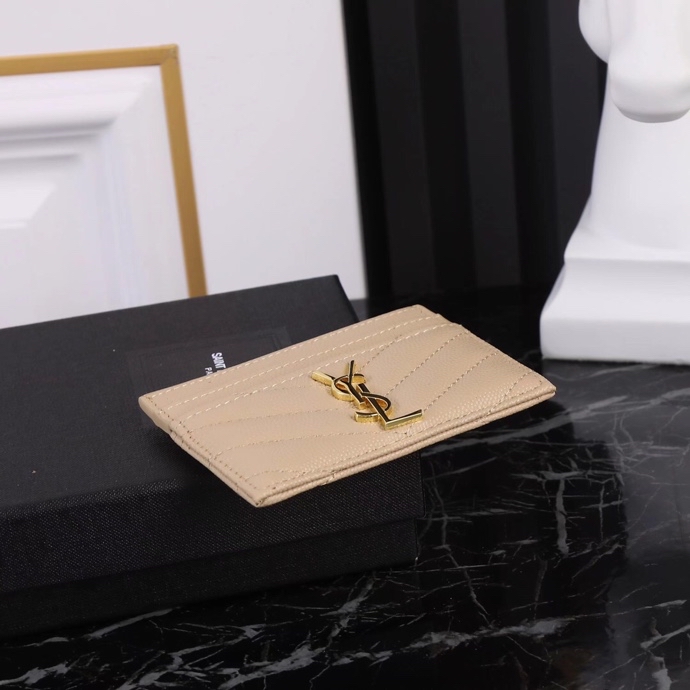 Saint Laurent YSL SLP Card Holder in Beige with Gold Hardware