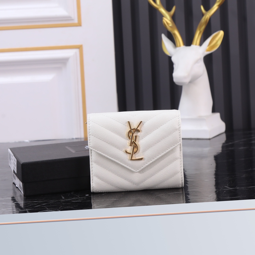 Saint Laurent YSL SLP Tri-Fold Wallet in White Caviar with Gold Hardware