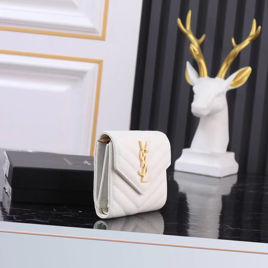 Saint Laurent YSL SLP Tri-Fold Wallet in White Caviar with Gold Hardware