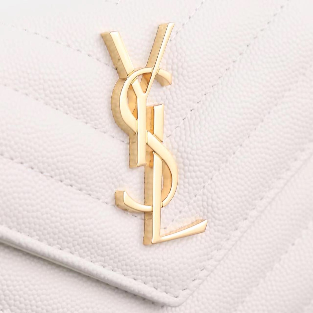 Saint Laurent YSL SLP Tri-Fold Wallet in White Caviar with Gold Hardware