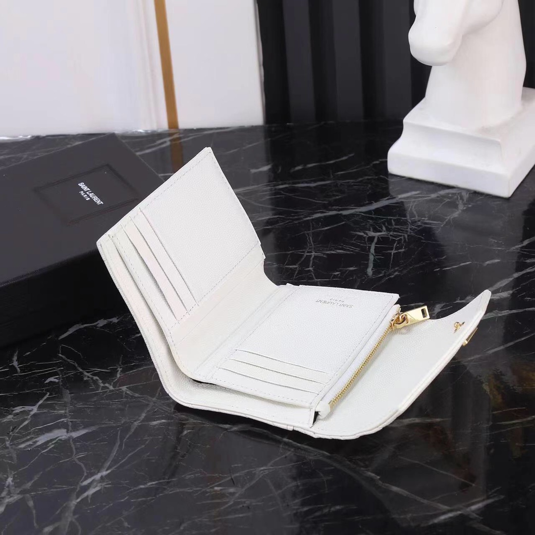 Saint Laurent YSL SLP Tri-Fold Wallet in White Caviar with Gold Hardware