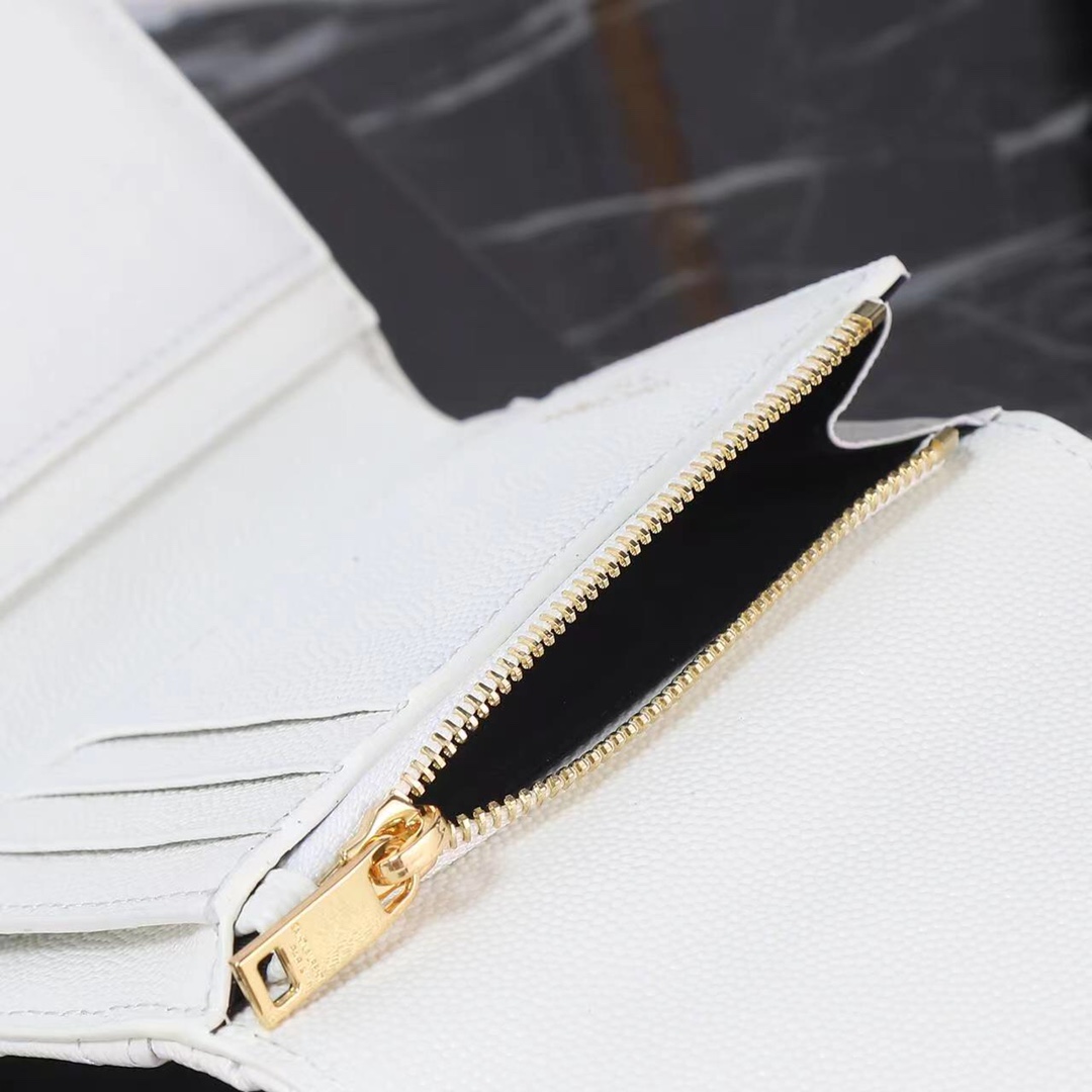 Saint Laurent YSL SLP Tri-Fold Wallet in White Caviar with Gold Hardware