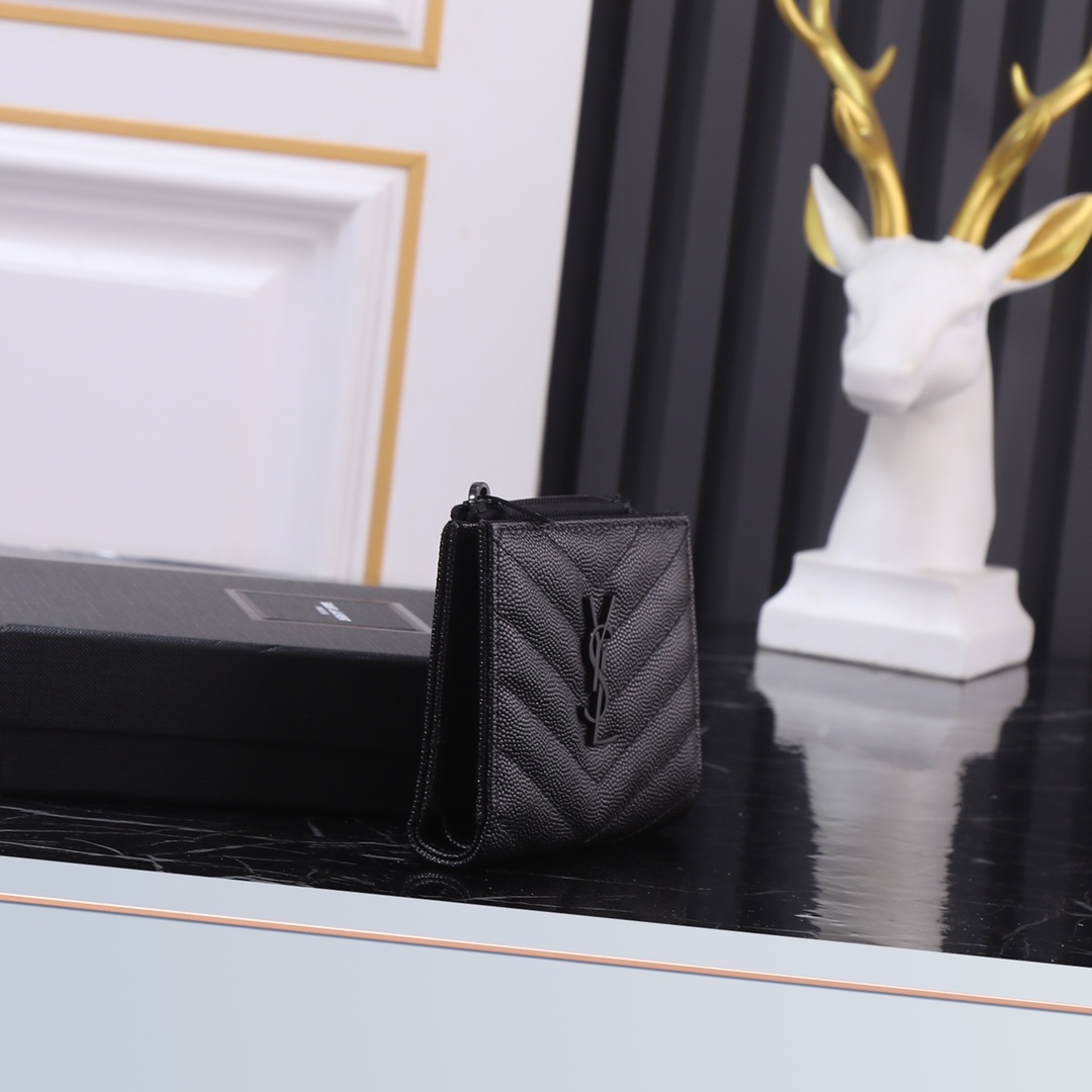 Saint Laurent YSL Caviar Card Holder in Black with Black Hardware