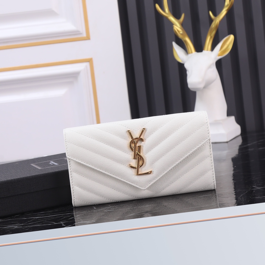 Saint Laurent YSL Caviar Card Holder in White with Gold Hardware