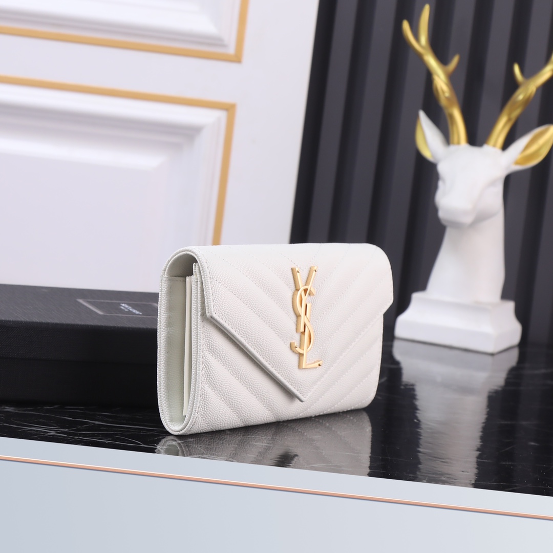 Saint Laurent YSL Caviar Card Holder in White with Gold Hardware