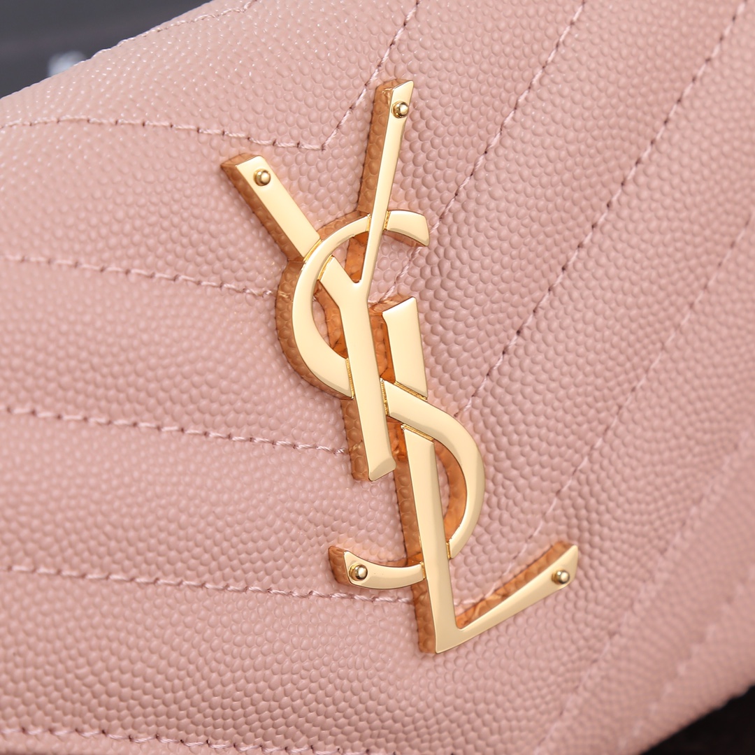 Saint Laurent YSL Caviar Card Holder in Pink with Gold Hardware