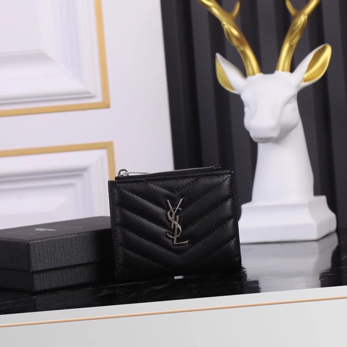 Saint Laurent YSL Caviar Card Holder in Black with Silver Hardware