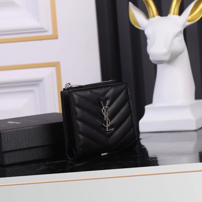 Saint Laurent YSL Caviar Card Holder in Black with Silver Hardware