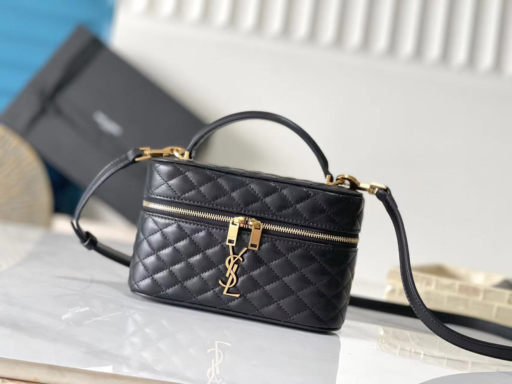 Saint Laurent YSL 2024 Mini Gaby Bag in Black Lambskin with Gold Hardware