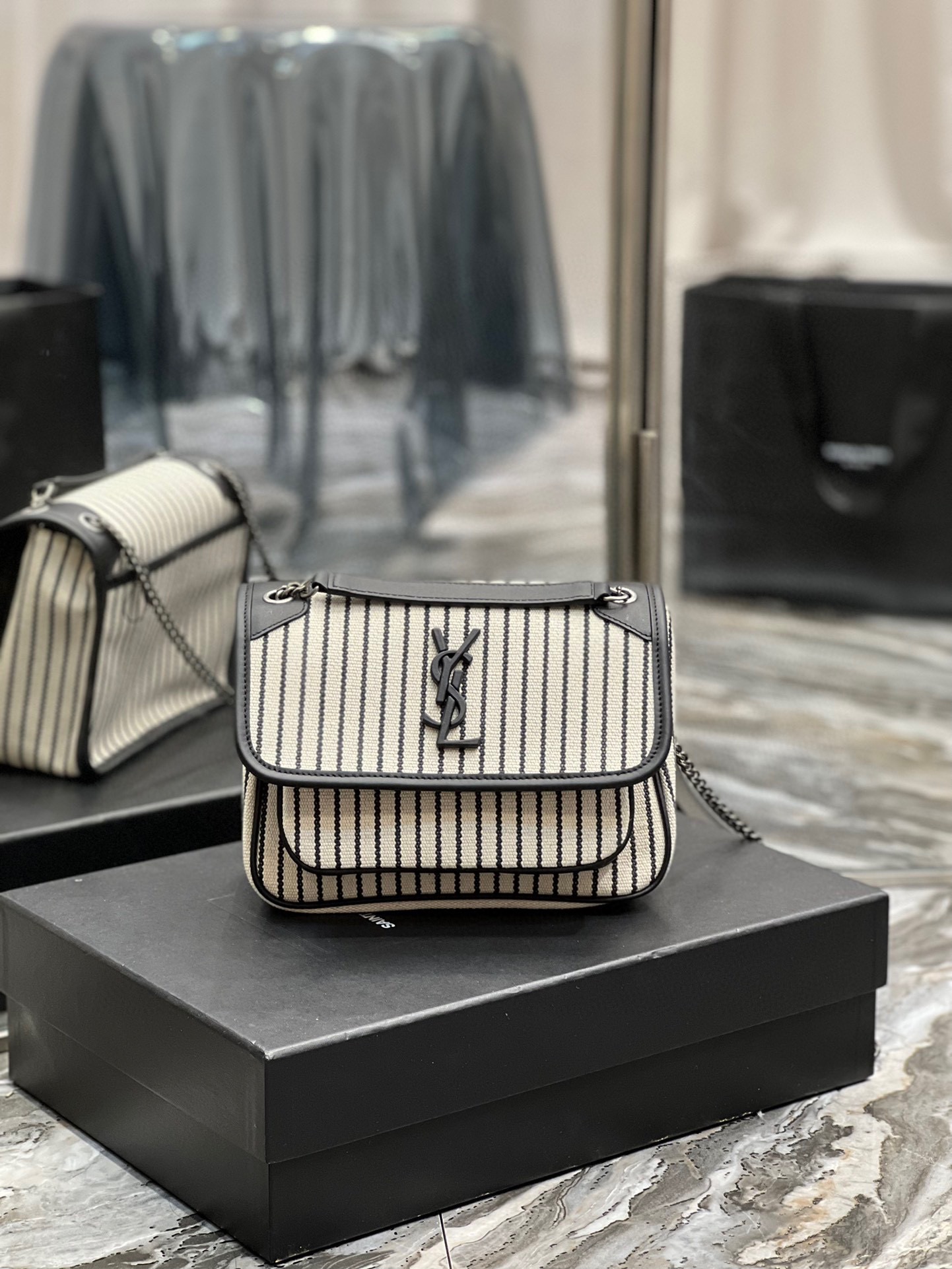 Saint Laurent YSL Niki Cotton-Linen Stripe and Leather Bag - Spring/Summer Collection