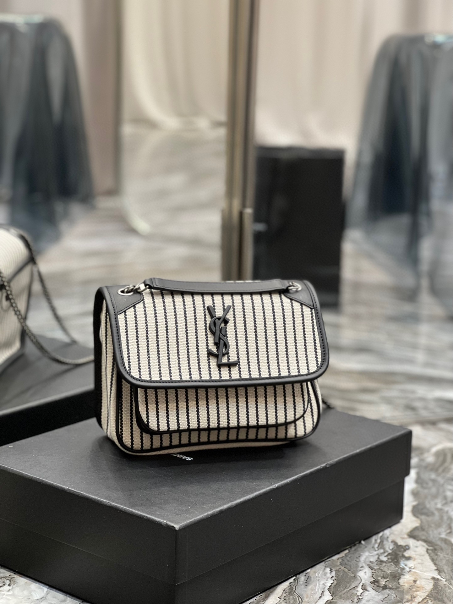 Saint Laurent YSL Niki Cotton-Linen Stripe and Leather Bag - Spring/Summer Collection