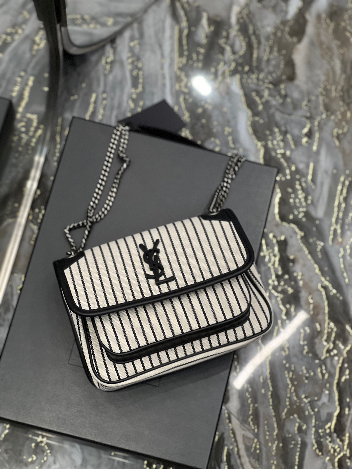 Saint Laurent YSL Niki Cotton-Linen Stripe and Leather Bag - Spring/Summer Collection