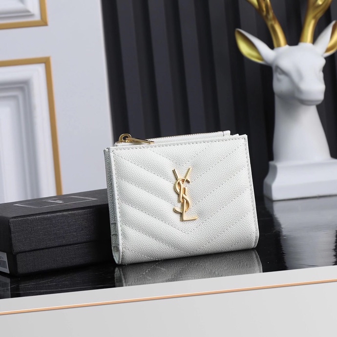 Saint Laurent YSL Caviar Card Holder in White with Gold Hardware