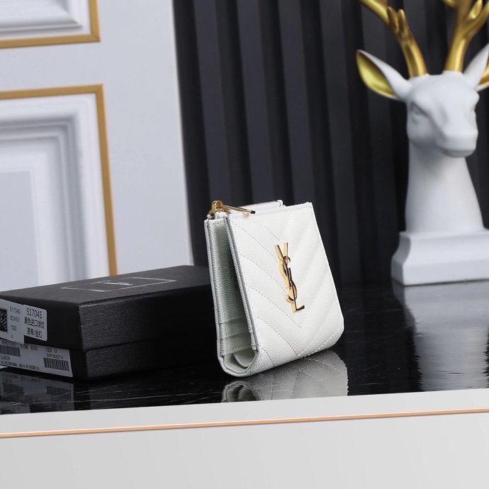 Saint Laurent YSL Caviar Card Holder in White with Gold Hardware