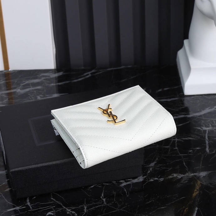 Saint Laurent YSL Caviar Card Holder in White with Gold Hardware