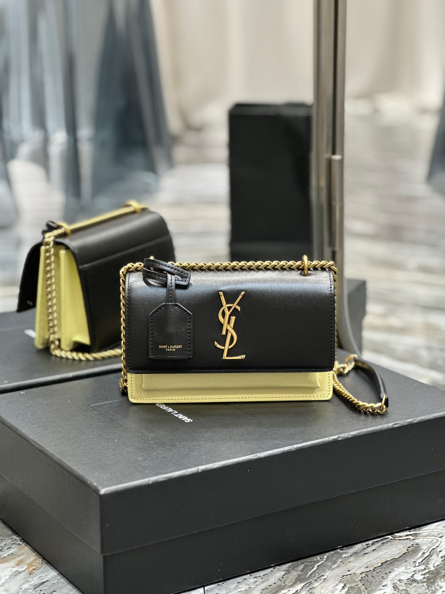 Saint Laurent YSL Sunset Bag in Black and Beige