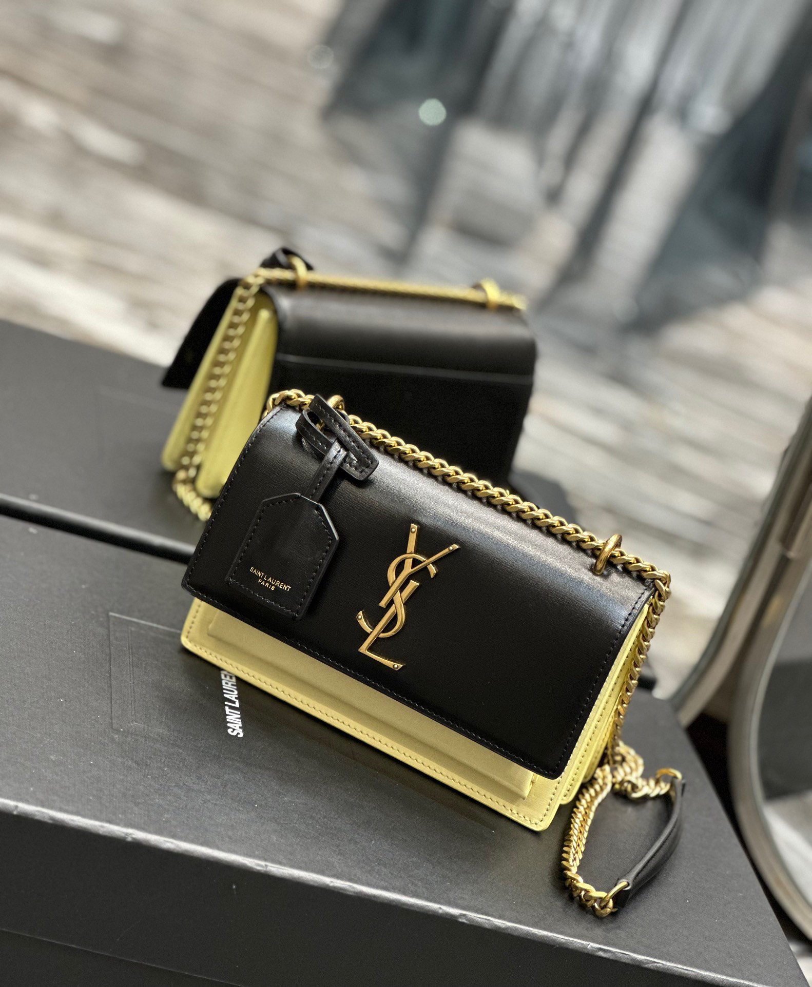 Saint Laurent YSL Sunset Bag in Black and Beige