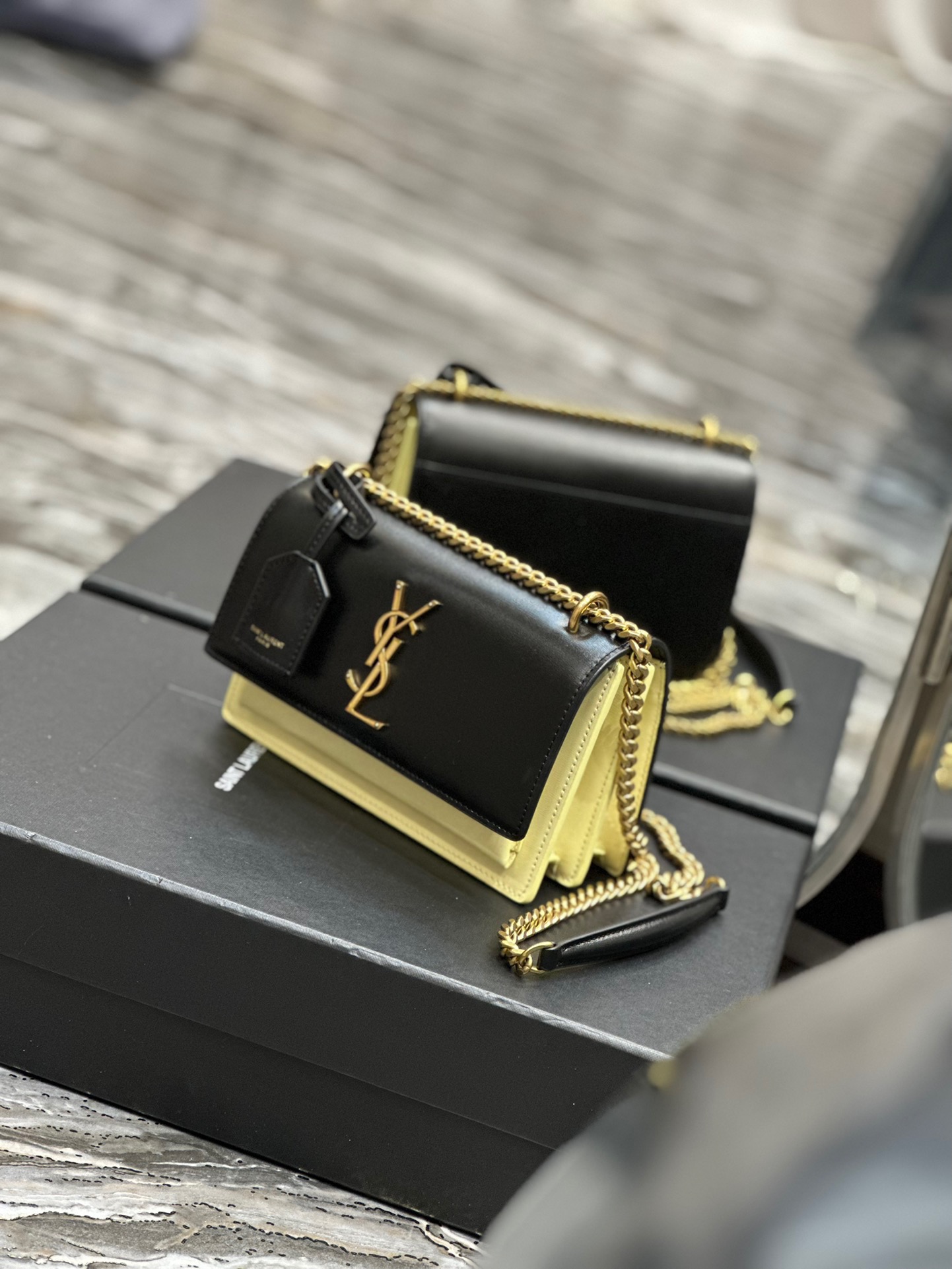 Saint Laurent YSL Sunset Bag in Black and Beige