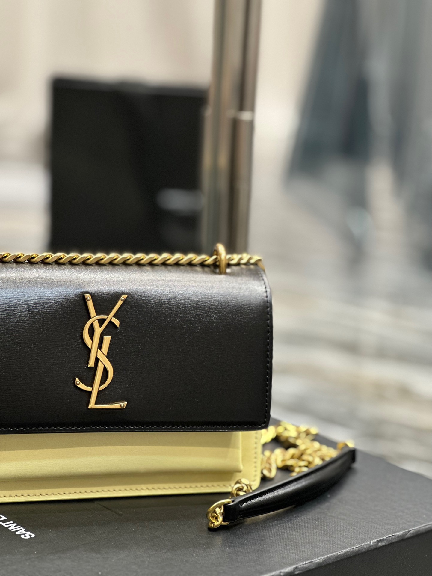 Saint Laurent YSL Sunset Bag in Black and Beige