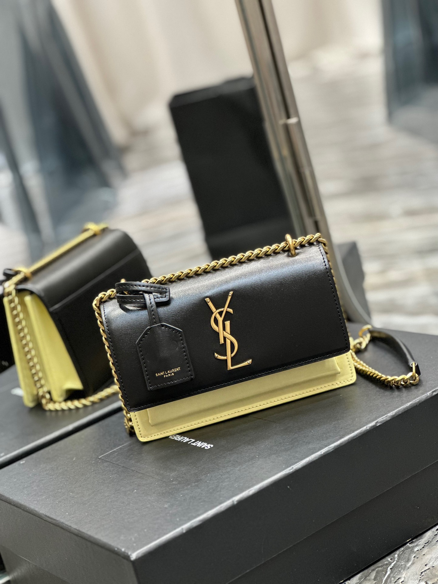 Saint Laurent YSL Sunset Bag in Black and Beige