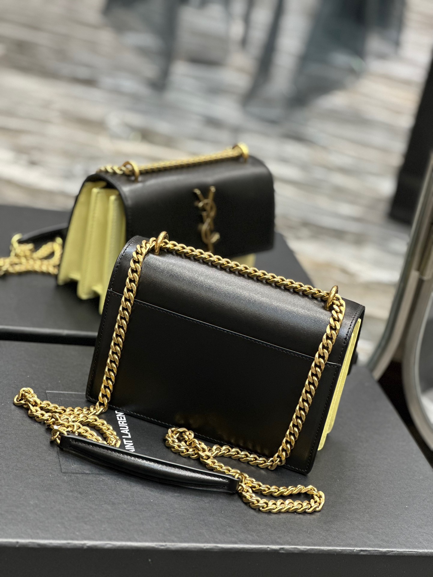 Saint Laurent YSL Sunset Bag in Black and Beige