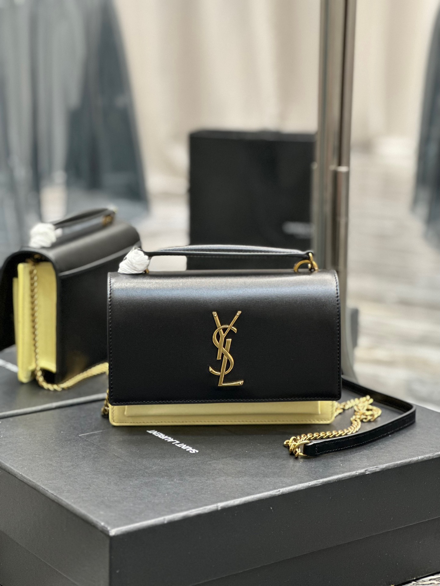 Saint Laurent YSL Sunset WOC in Black with Cream Gold Hardware