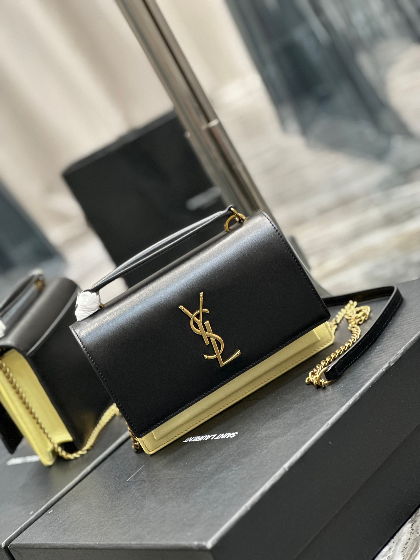  Saint Laurent YSL Sunset WOC in Black with Cream Gold Hardware