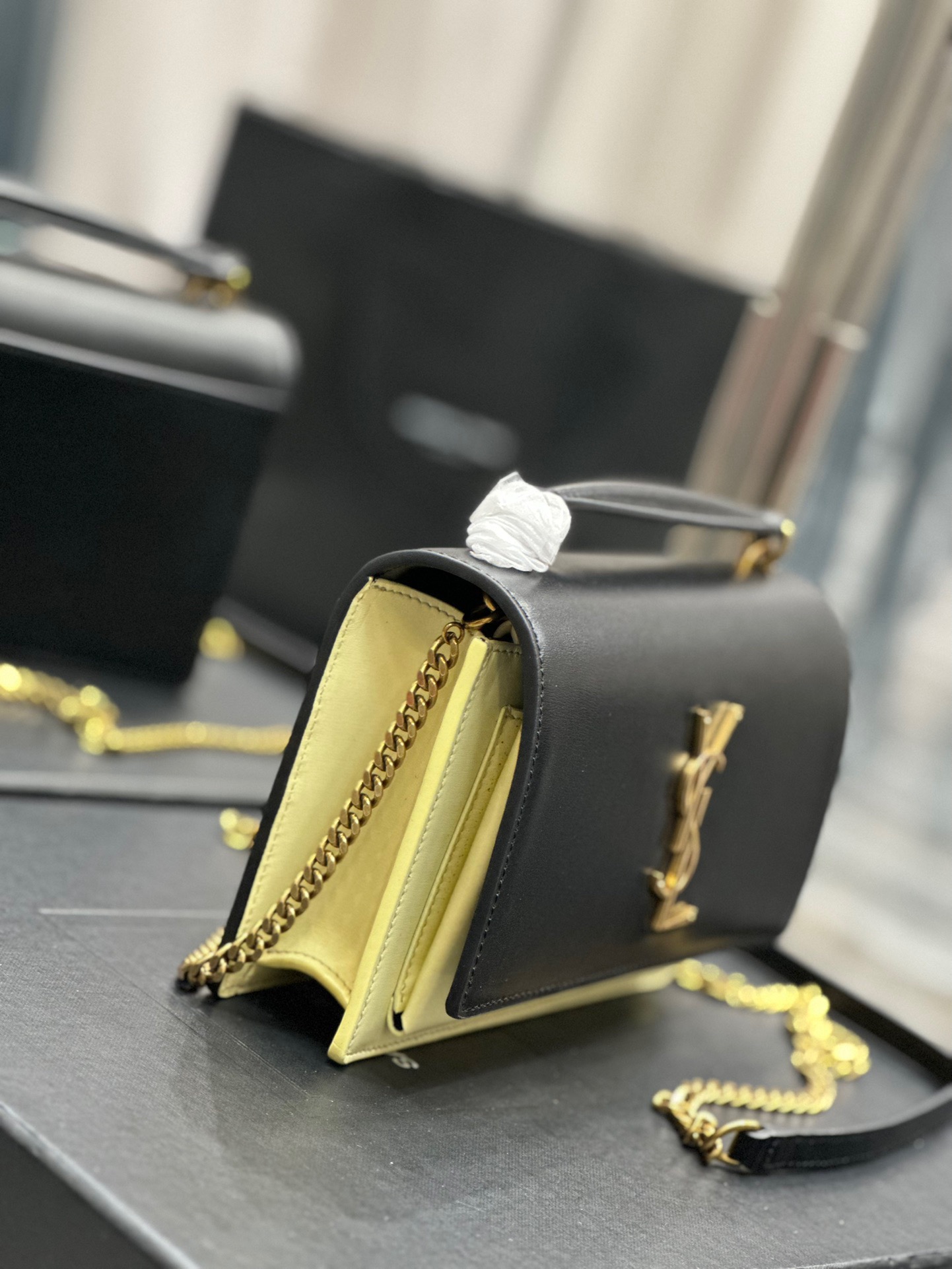  Saint Laurent YSL Sunset WOC in Black with Cream Gold Hardware