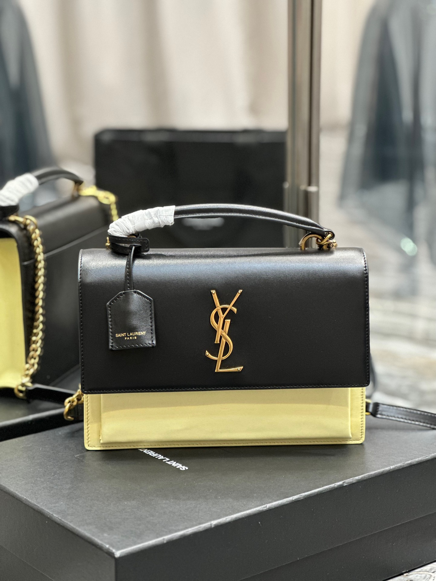 Saint Laurent YSL Sunset Bag in Black with Cream Gold Hardware