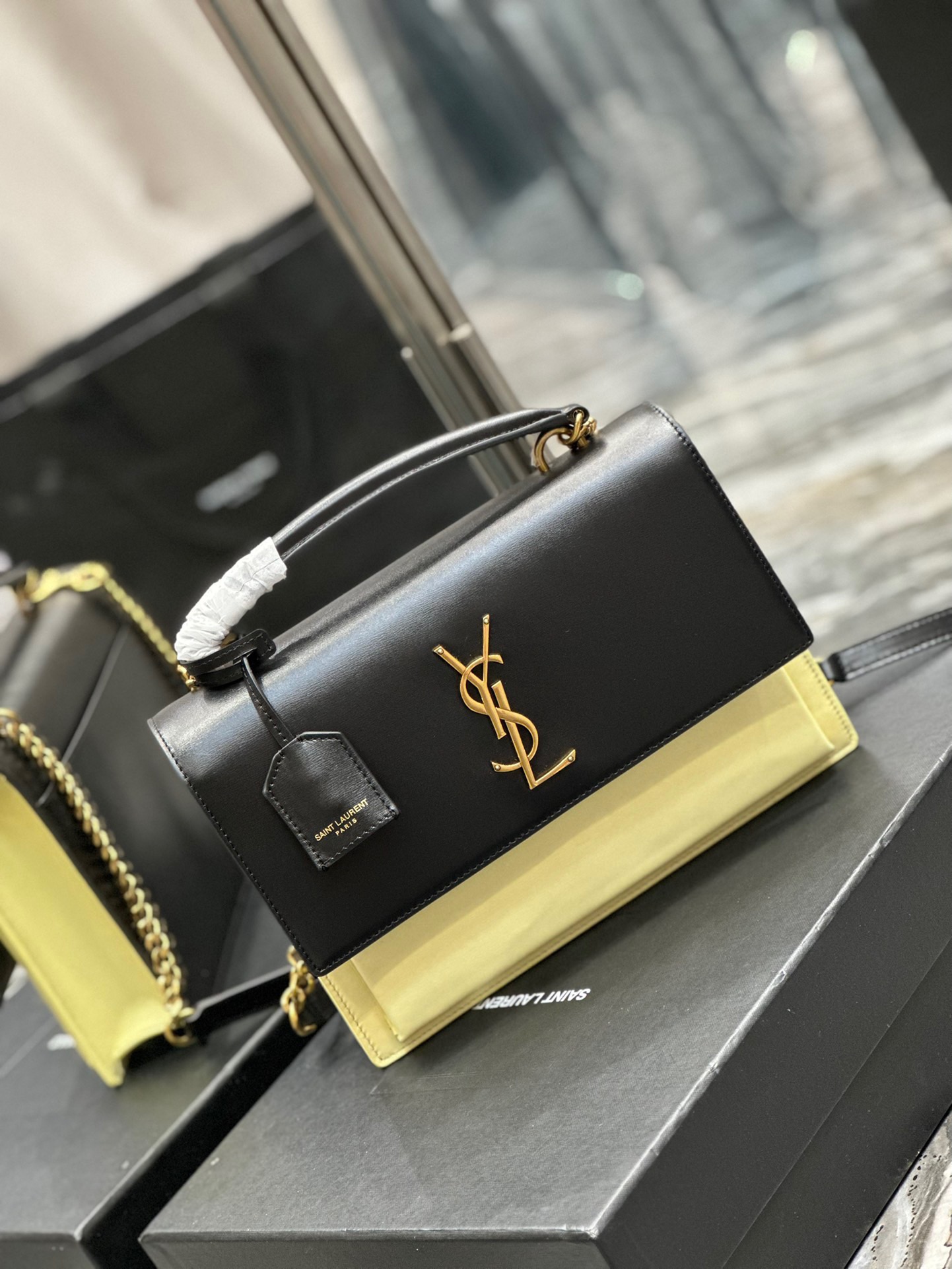 Saint Laurent YSL Sunset Bag in Black with Cream Gold Hardware