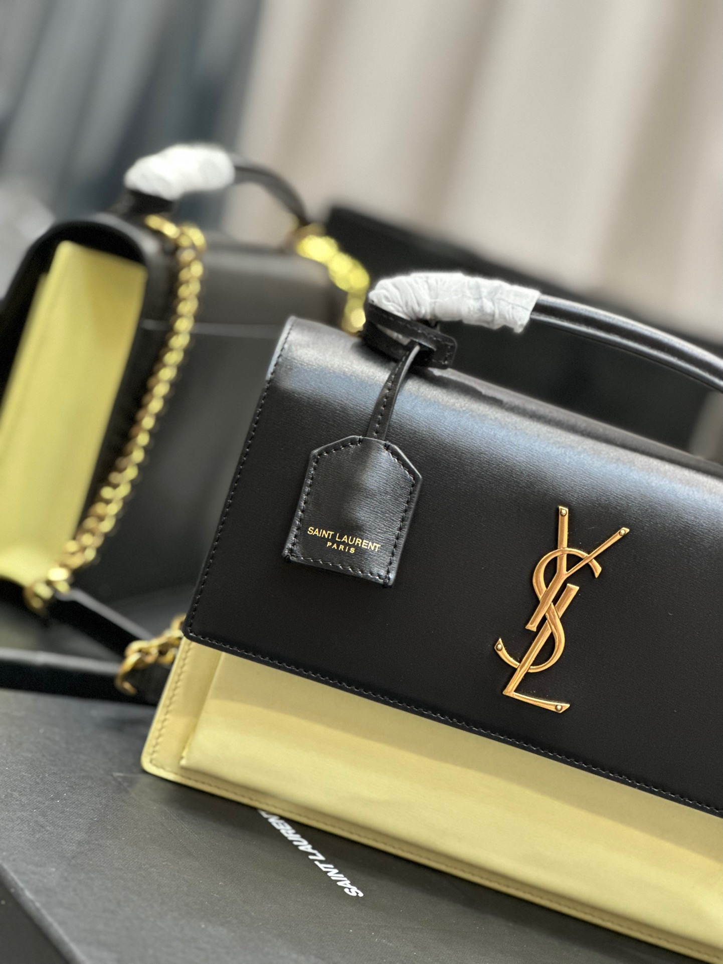 Saint Laurent YSL Sunset Bag in Black with Cream Gold Hardware