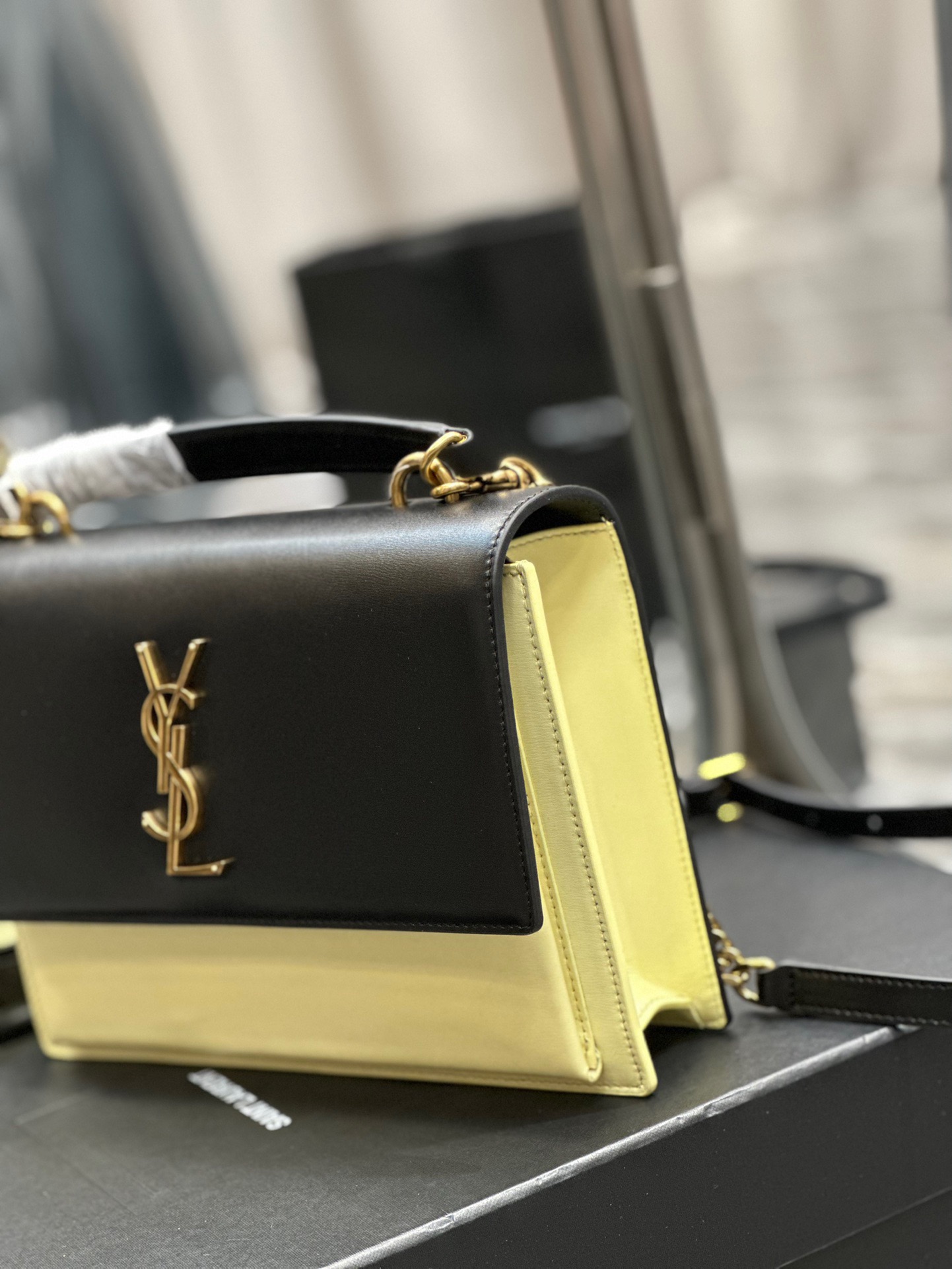 Saint Laurent YSL Sunset Bag in Black with Cream Gold Hardware