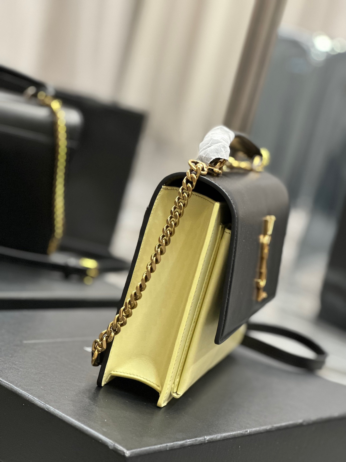 Saint Laurent YSL Sunset Bag in Black with Cream Gold Hardware