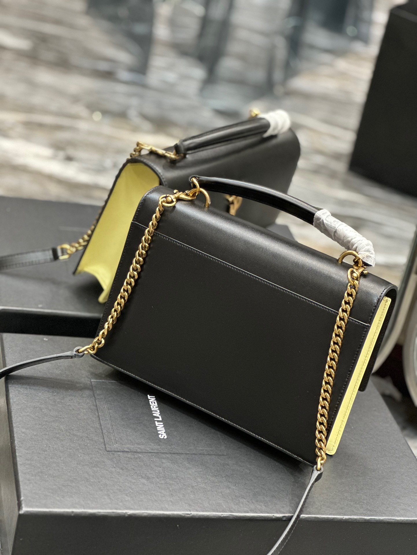 Saint Laurent YSL Sunset Bag in Black with Cream Gold Hardware