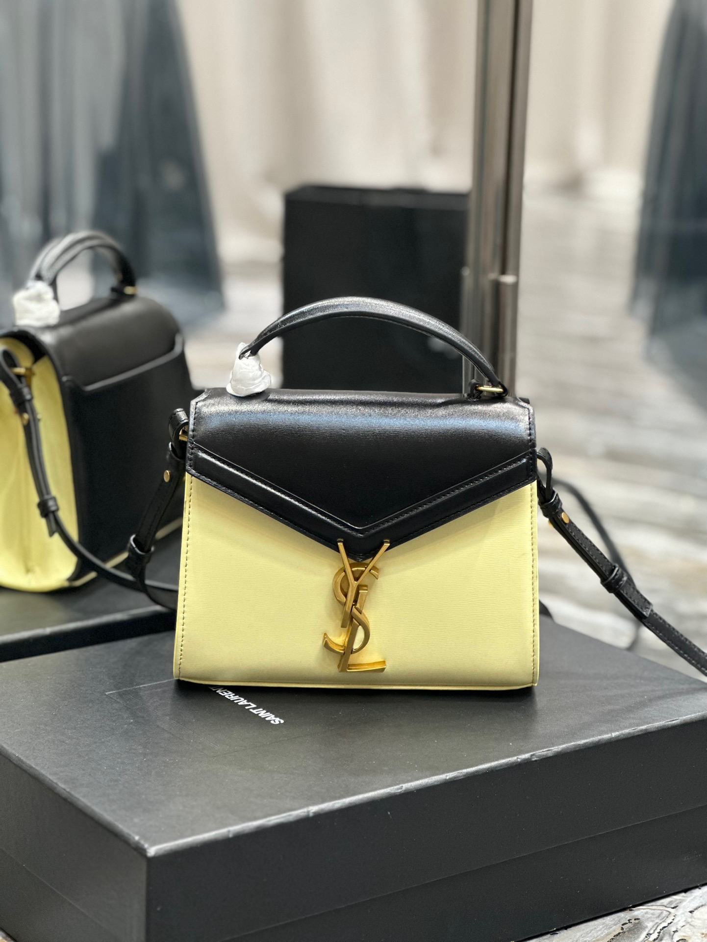 Saint Laurent YSL Cassandra Mini Handbag in Black with Cream Gold Hardware