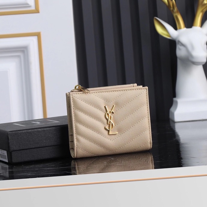 Saint Laurent YSL Caviar Card Holder in Beige with Gold Hardware