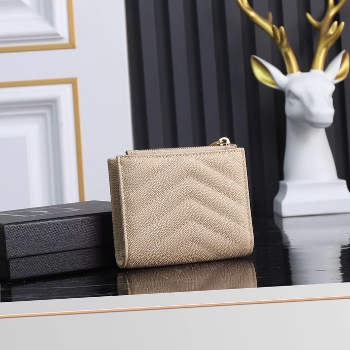 Saint Laurent YSL Caviar Card Holder in Beige with Gold Hardware