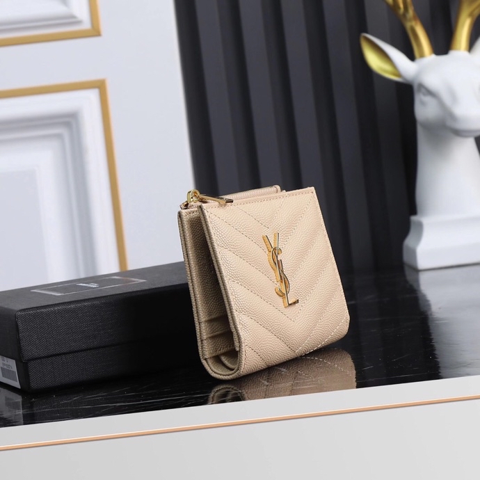 Saint Laurent YSL Caviar Card Holder in Beige with Gold Hardware