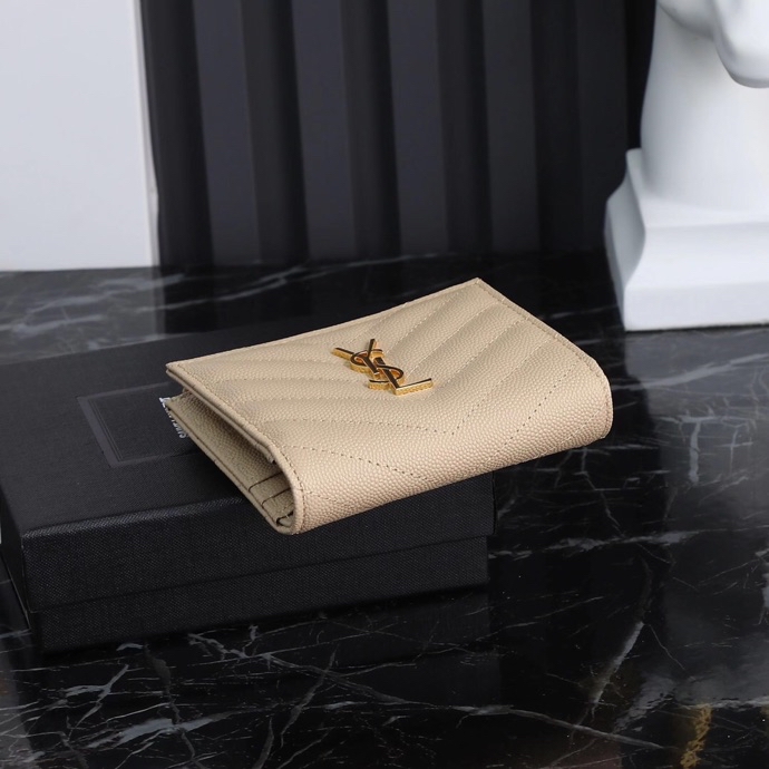 Saint Laurent YSL Caviar Card Holder in Beige with Gold Hardware