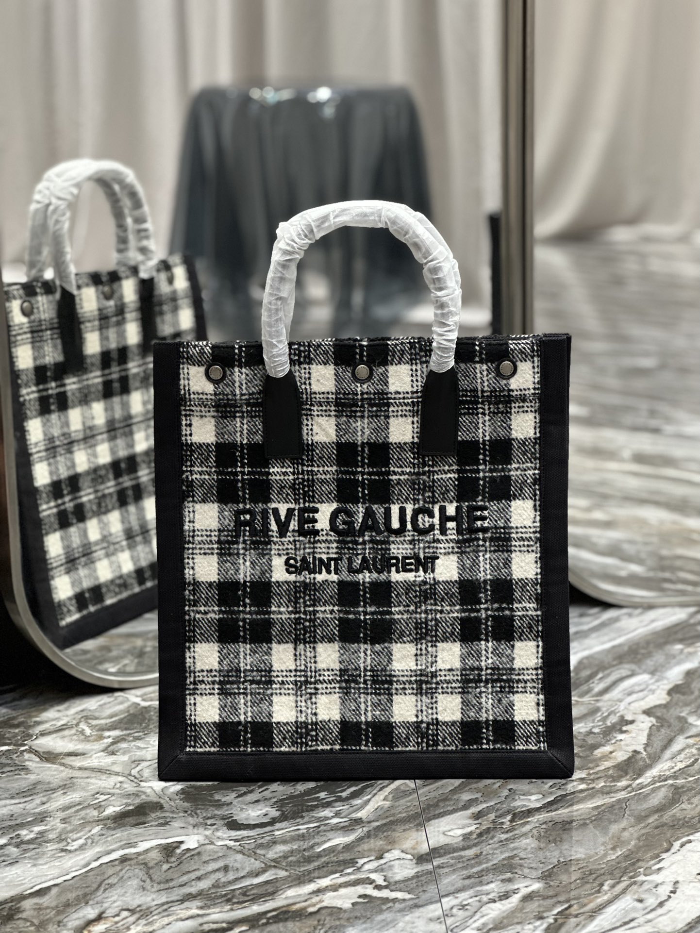 Saint Laurent YSL Rive Gauche Tote Bag in Black and White Checkered Design