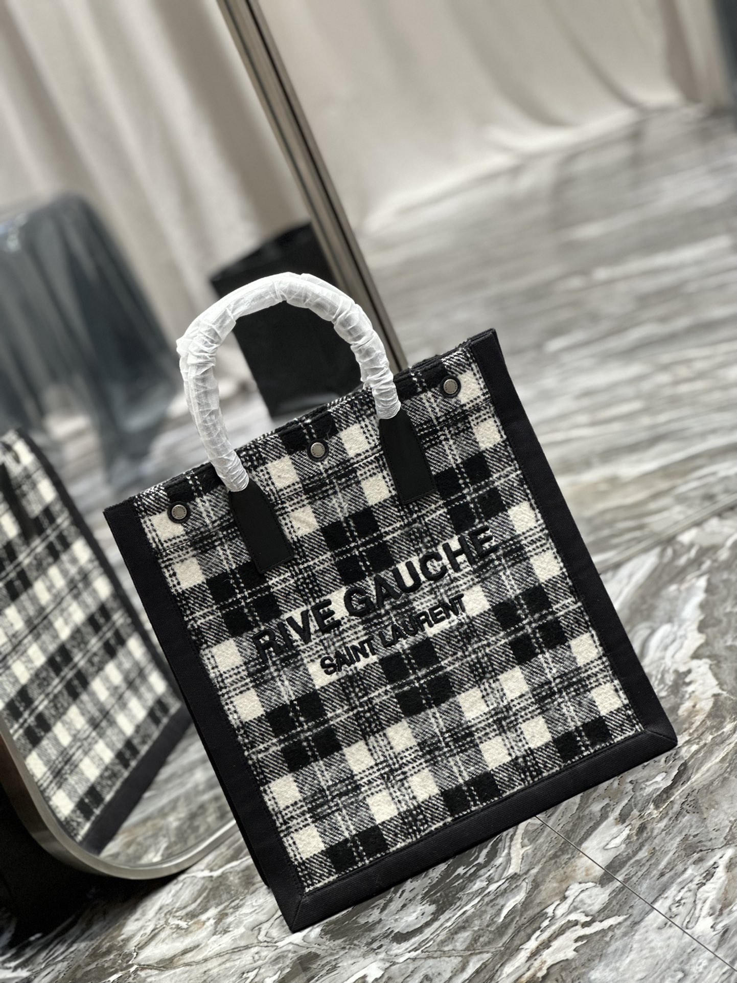 Saint Laurent YSL Rive Gauche Tote Bag in Black and White Checkered Design