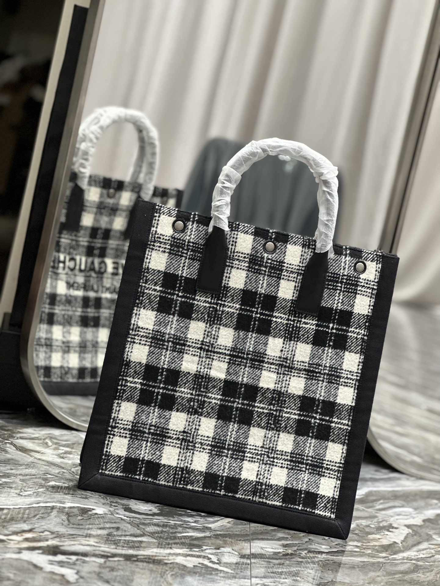 Saint Laurent YSL Rive Gauche Tote Bag in Black and White Checkered Design