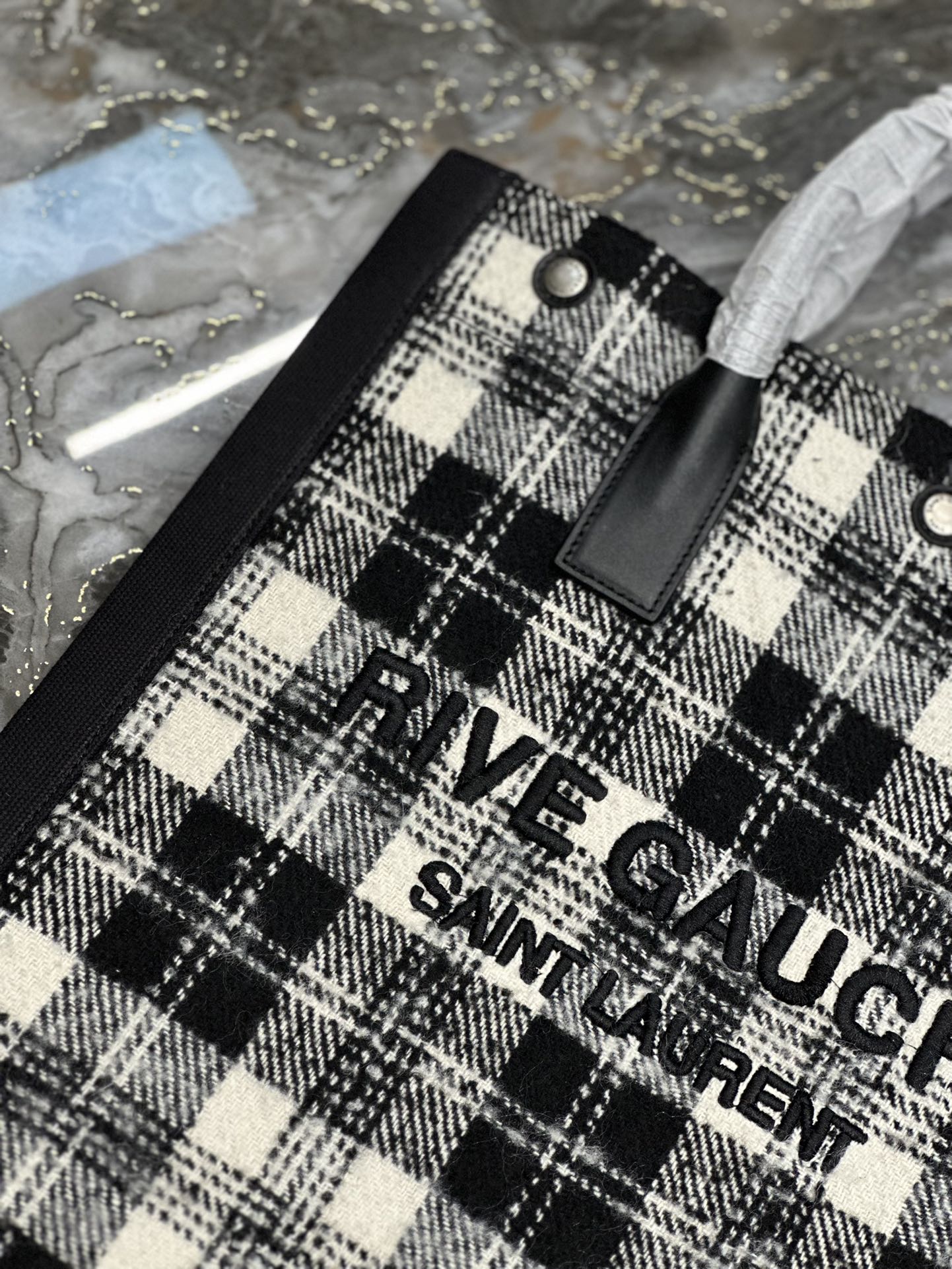 Saint Laurent YSL Rive Gauche Tote Bag in Black and White Checkered Design