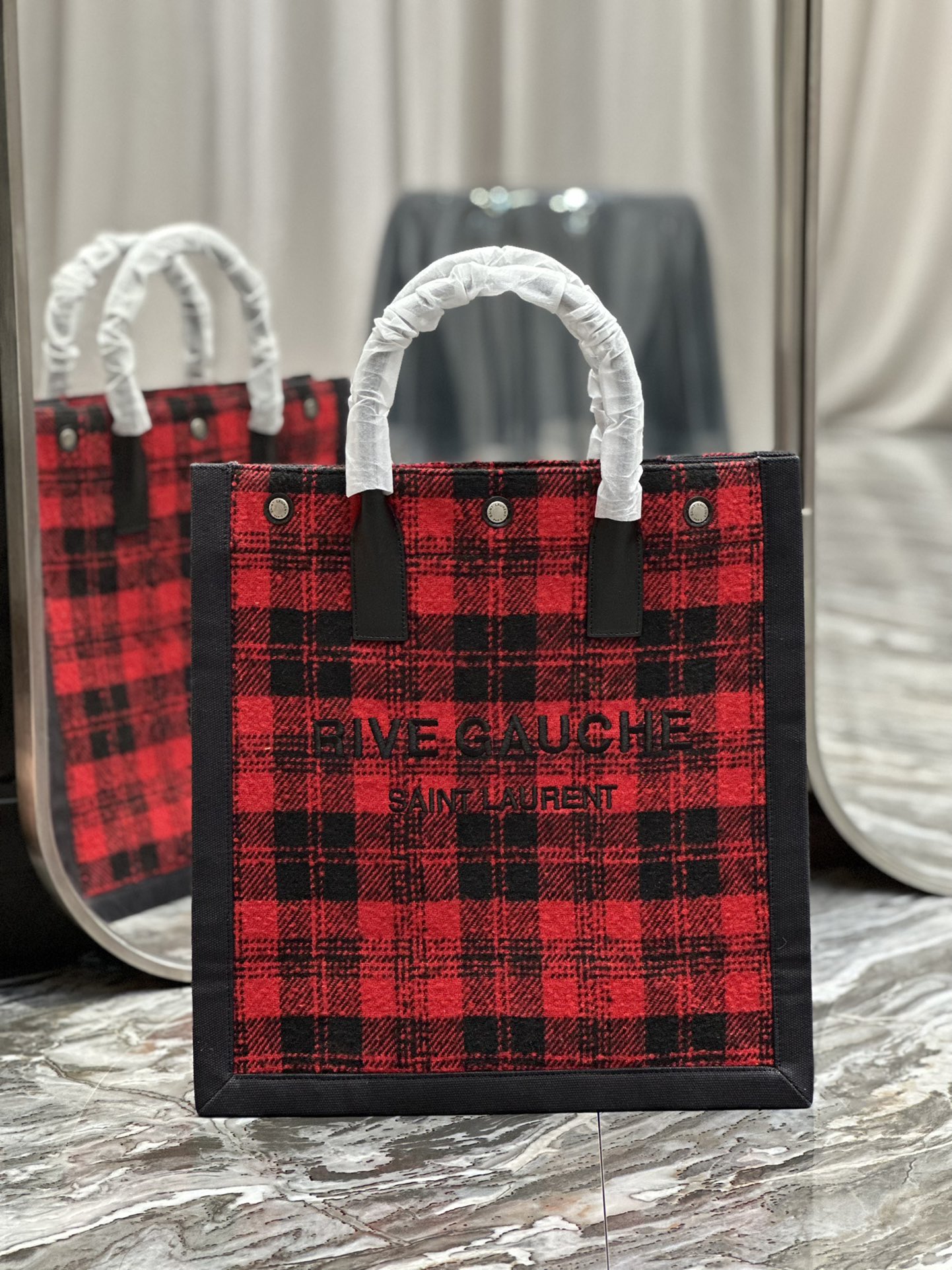 Saint Laurent YSL Rive Gauche Tote Bag in Red Checkered Design