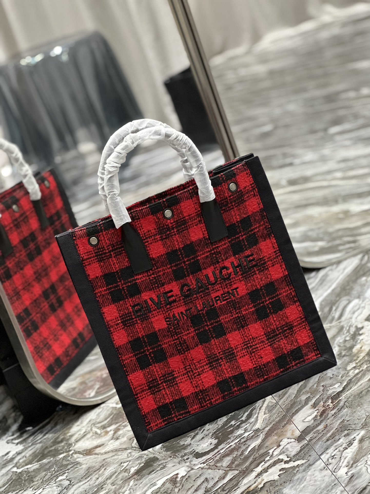 Saint Laurent YSL Rive Gauche Tote Bag in Red Checkered Design