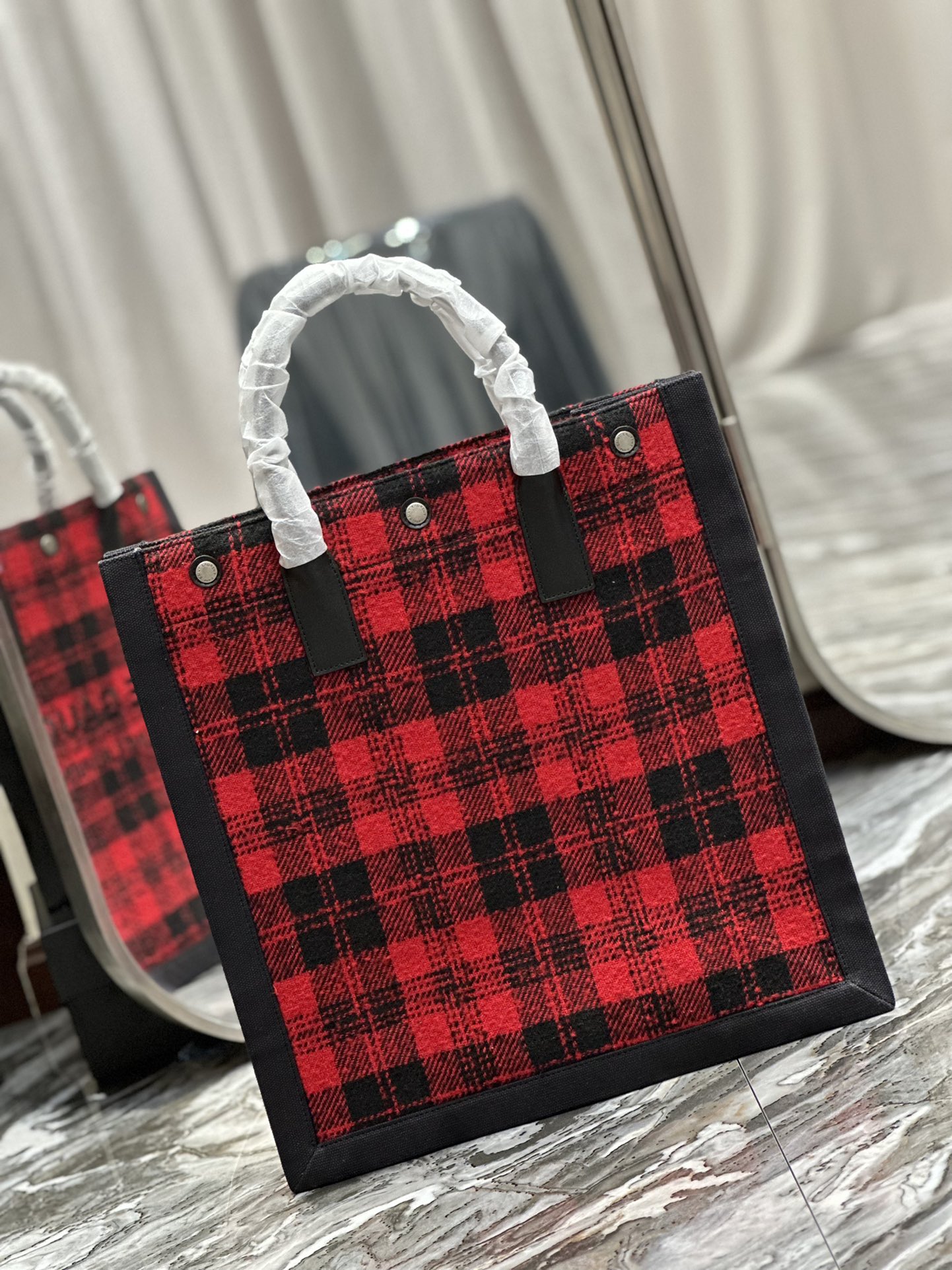 Saint Laurent YSL Rive Gauche Tote Bag in Red Checkered Design