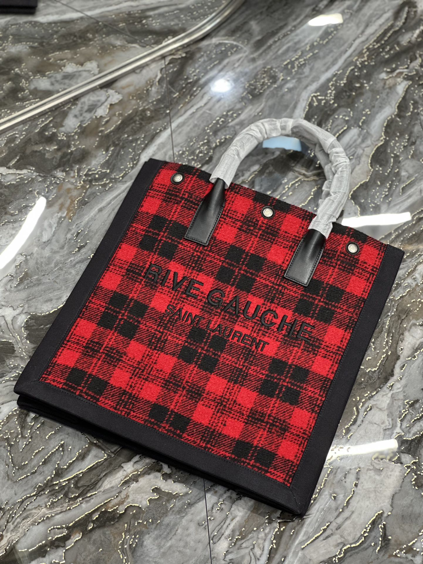 Saint Laurent YSL Rive Gauche Tote Bag in Red Checkered Design