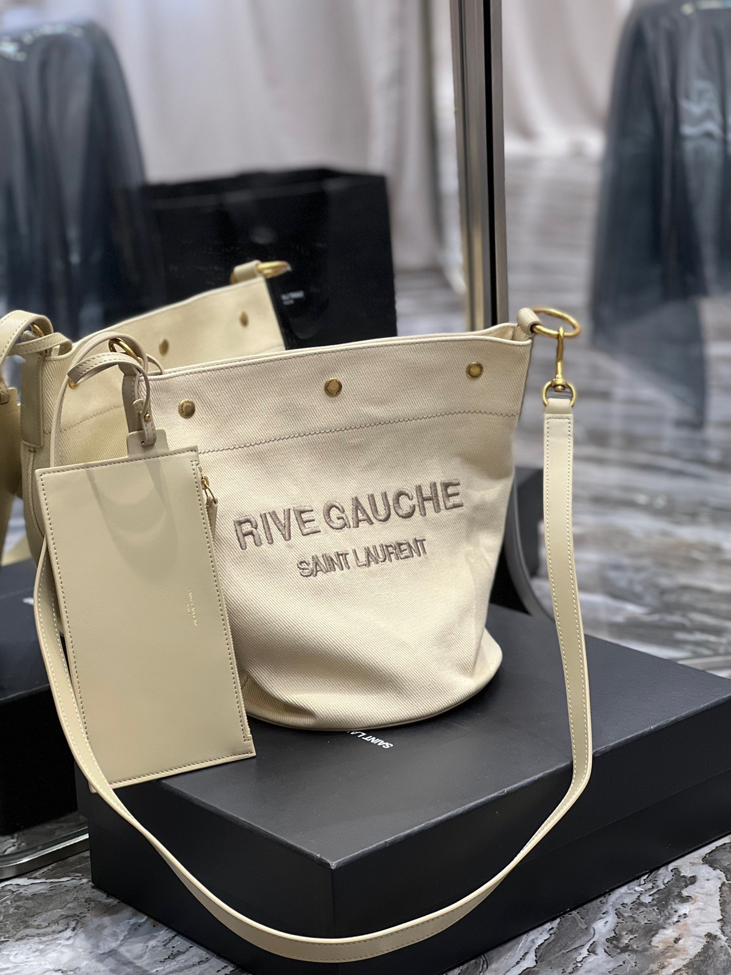 Saint Laurent YSL Rive Gauche French Linen Bucket Bag in Oatmeal